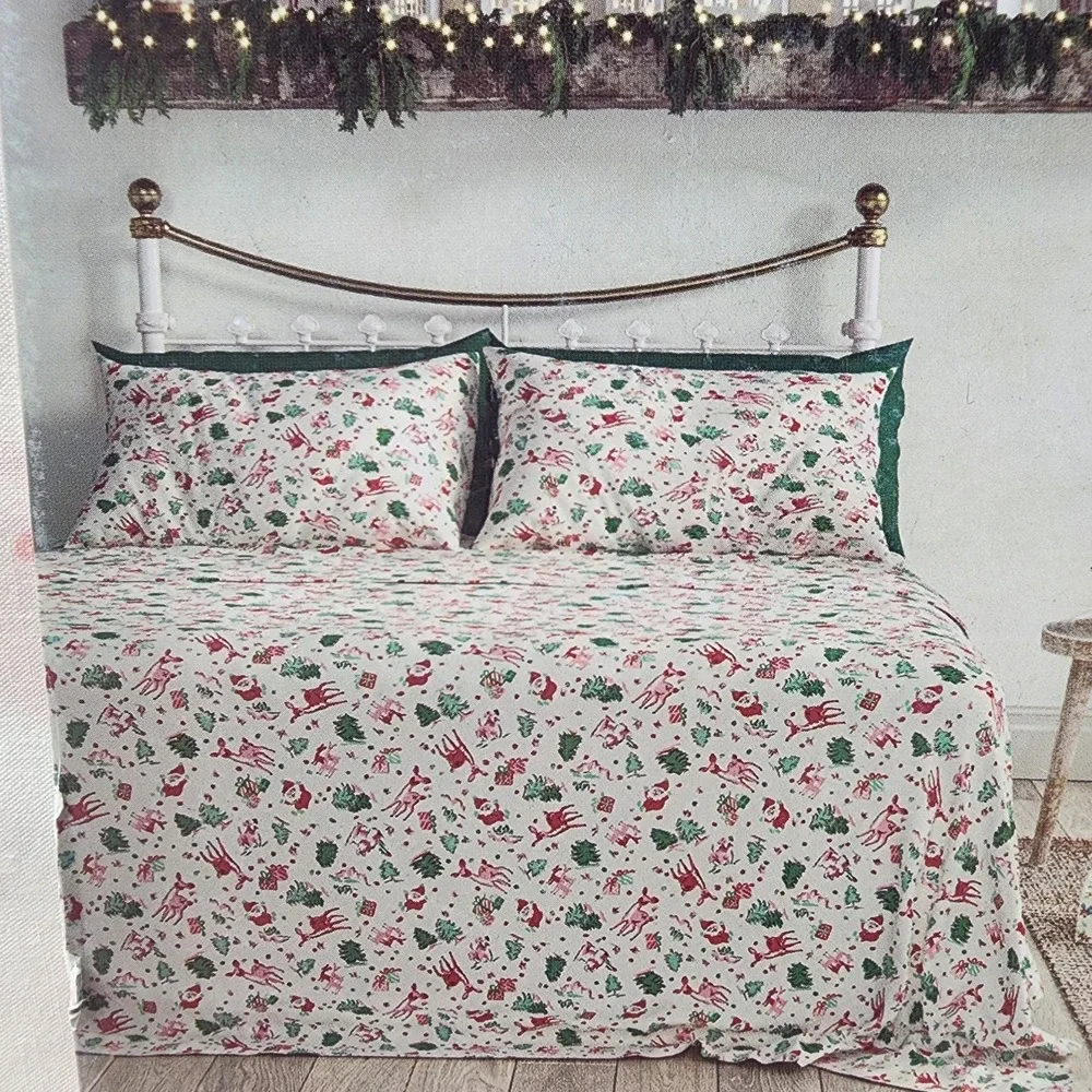 Cath Kidston London FULL Christmas Ditsy Deer Pink Cotton 200 Count Sheet Set
